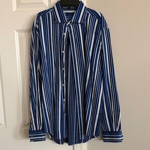 Bugatchi Blue and White Vertical Stripe Dress Shirt